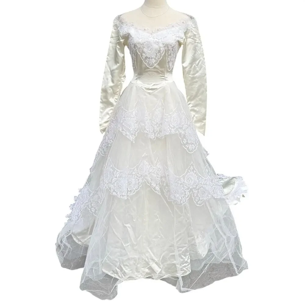 Sylvia Ann Dresses | Vintage 50s Women's Xs Wedding Dress Satin Lace Wedding Dress Chapel Train | Color: White | Size: Xs | Pangelina37's Closet